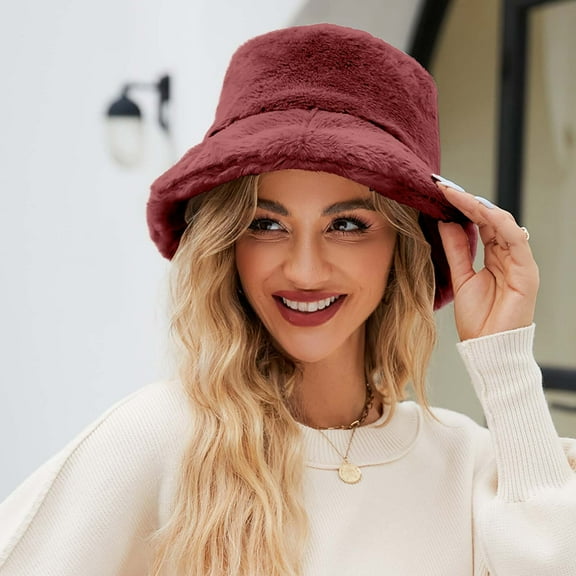 Eltusu Women Fleece Bucket Hat, Comfy Soft Windproof Warm Winter Hat Wine Size Free Size