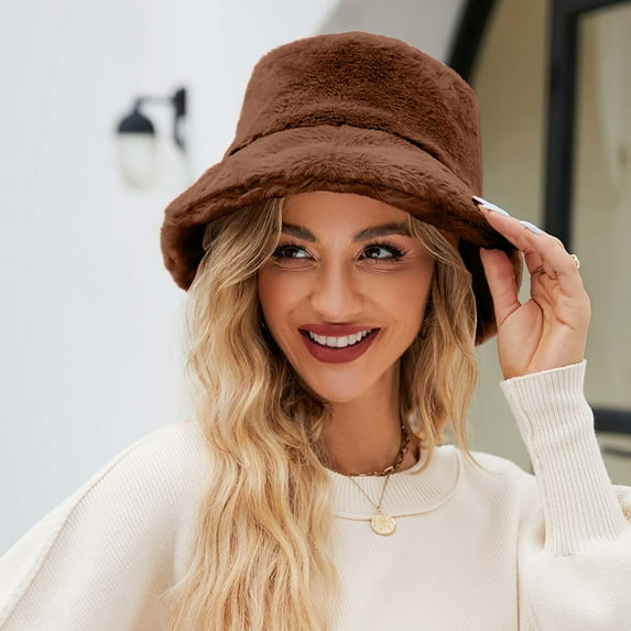 Eltusu Women Fleece Bucket Hat, Windproof Soft Warm Comfy Winter Hat Coffee Size Free Size