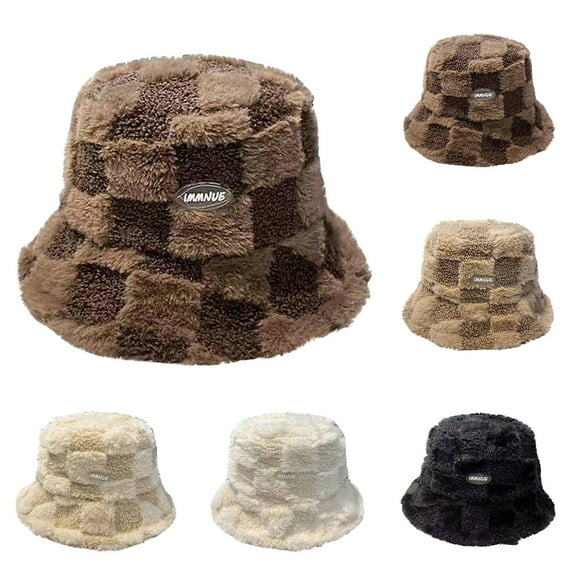 Eltusu Women Fleece Bucket Hat, Windproof Thermal Soft Plaid Winter Hat Coffee Size Free Size