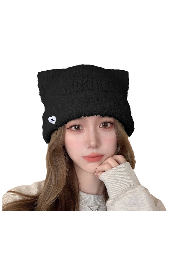 Women Fleece Hat, Comfort Windproof Thermal Cat Ear Winter Hat Black Size Free Size