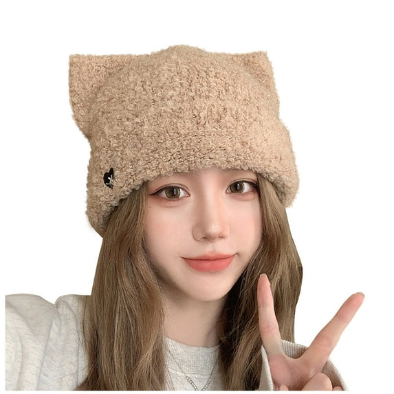 Eltusu Women Fleece Hat, Windproof Thermal Cat Ear Comfort Winter Hat Khaki Size Free Size