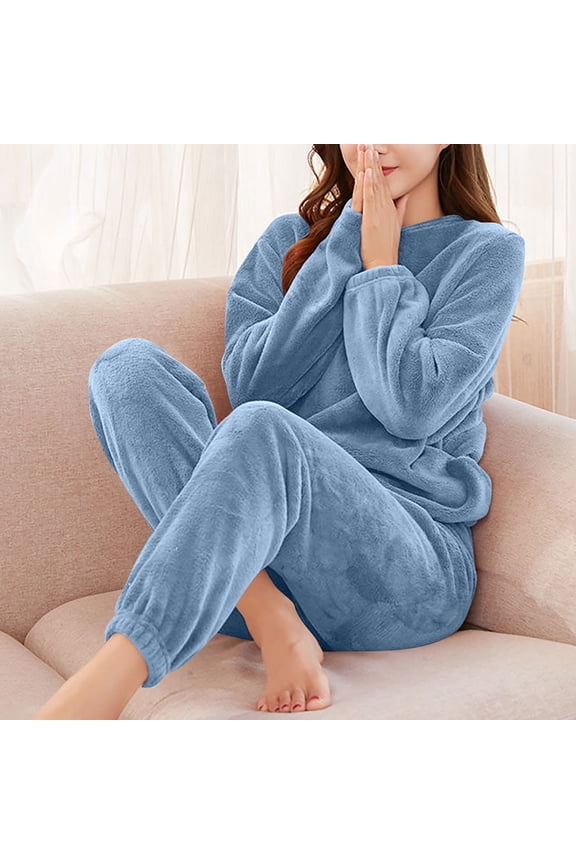 Women Fleece Pajama Sets, Long Sleeve Comfy Warm 2 Pieces Sleepwear Sets Blue Size S-L