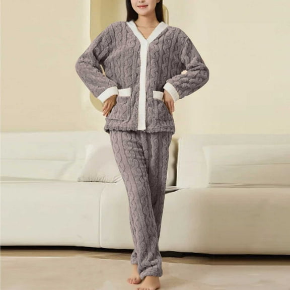 Eltusu Women Fleece Pajama Sets, Two Pieces Thermal Button-Up Comfy Sleepwear Sets Khaki Size Free Size