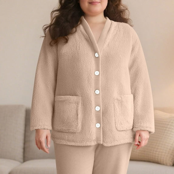 Eltusu Women Fleece Pajama Tops, Comfort Long Sleeve Thermal Button-Up Winter Sleepwear Khaki Size M