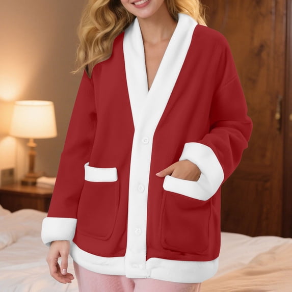 Eltusu Women Fleece Pajama Tops, Comfy Button-Up Long Sleeve Thermal Winter Sleepwear Wine Size S