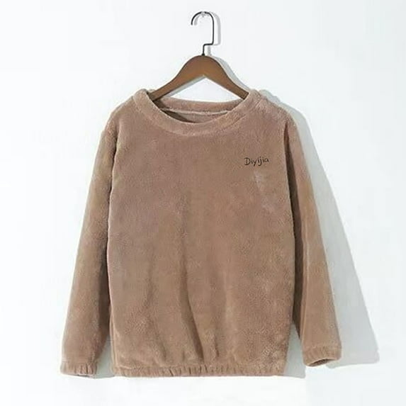 Eltusu Women Fleece Pajama Tops, Crew Neck Comfy Thermal Long Sleeve Winter Sleepwear Khaki Size S