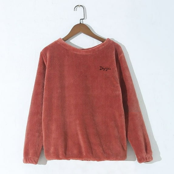 Eltusu Women Fleece Pajama Tops, Long Sleeve Crew Neck Comfy Thermal Winter Sleepwear Red Size S-L