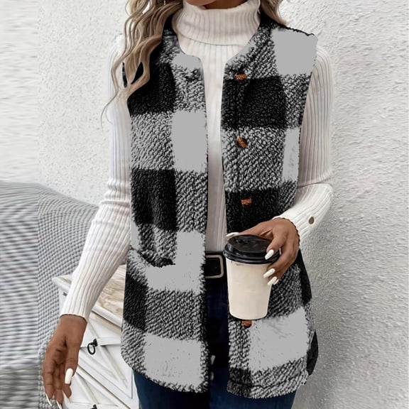 Eltusu Women Fleece Vests, Plaid Soft Comfy Thermal Winter Jackets Gray Size XL
