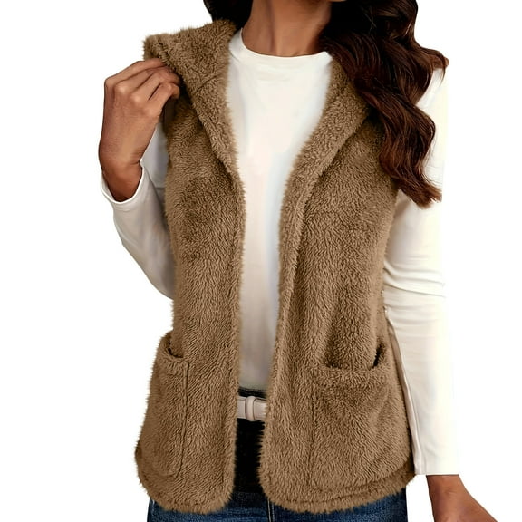 Eltusu Women Fleece Vests, Soft V-Neck Thermal Comfort Winter Jackets Khaki Size M