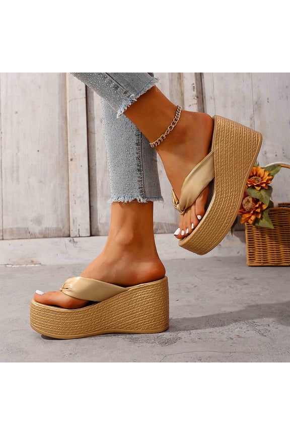 Women Flip Flops Sandals, Open Toe Outdoor Non-Slip Wedge Summer Beach Shoes Gold Size 9.5