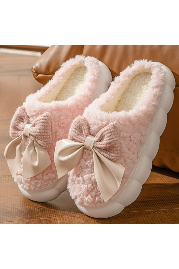 Women Fuzzy Slippers, Winter Bow Soft Thermal House Shoes Pink Size 7.5-8.5