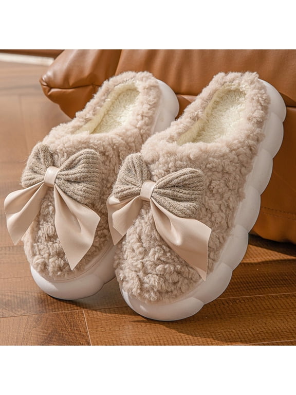 Women Fuzzy Slippers, Winter Soft Bow Thermal House Shoes Coffee Size 5.5-6