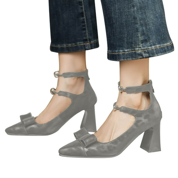 Eltusu Women High Heels, Bow None Slip Pointed Toe PU Dress Shoes Gray Size 6