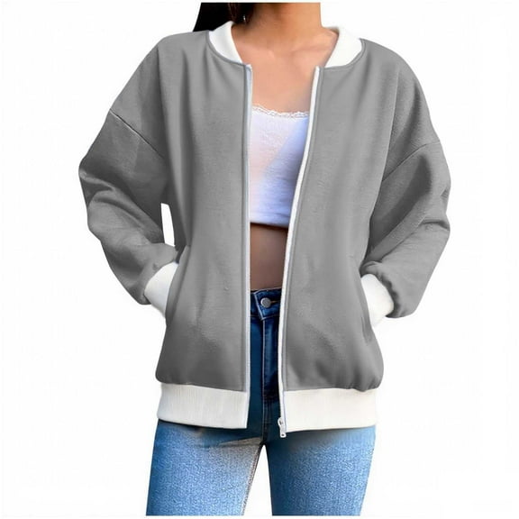 Eltusu Women Jackets for Spring, Lapel Collar Lightweight Full Zip Long Sleeve Outerwear with Pockets Gray Size 2XL