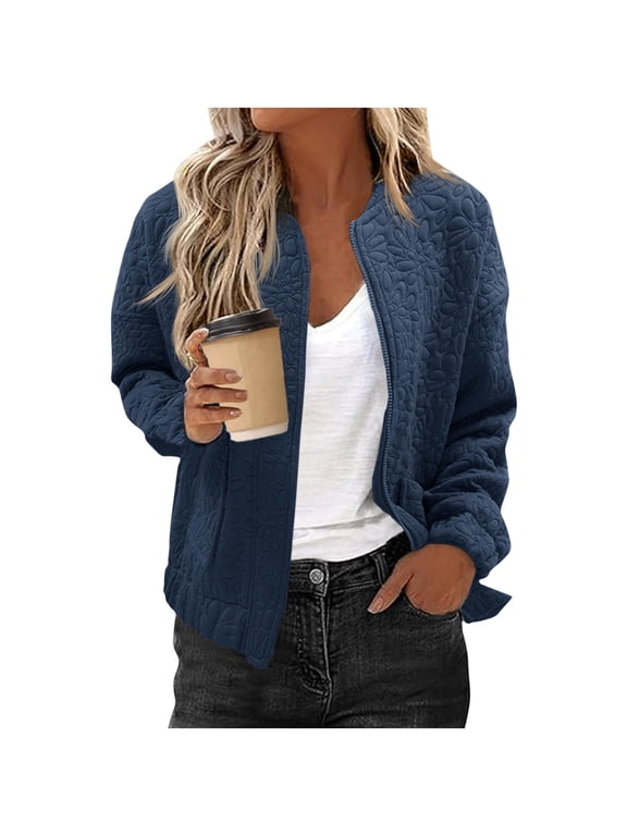Women Jackets for Spring, Lightweight Long Sleeve Lapel Collar Zipper Outerwear with Pockets Blue Size 2XL