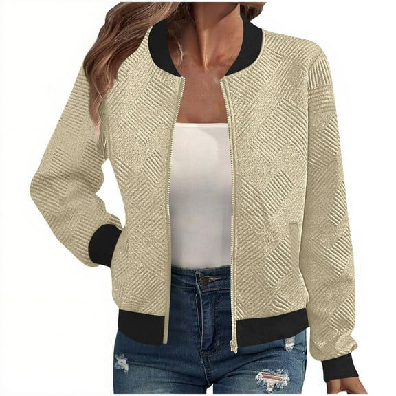 Eltusu Women Jackets for Spring, Long Sleeve Lapel Collar Printed Lightweight Outerwear with Pockets Khaki Size M