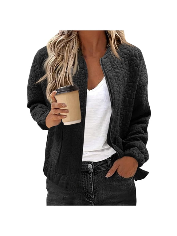 Women Jackets for Spring, Zipper Lightweight Long Sleeve Lapel Collar Outerwear with Pockets Black Size L