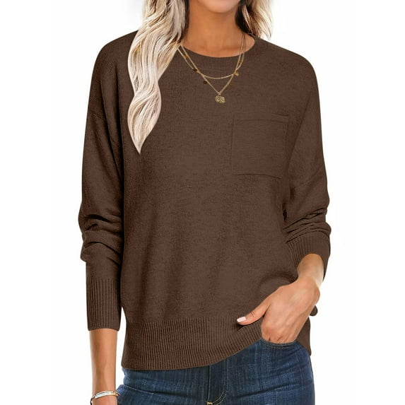 Eltusu Women Knitting Cotton Sweaters, Warm Pullover Crewneck Long Sleeve Winter Tops Brown Size L