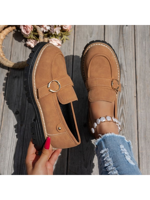 Women Loafer Flat Shoes, Breathable Low Heel Slip on Round Toe Comfort Shoes Brown Size 9