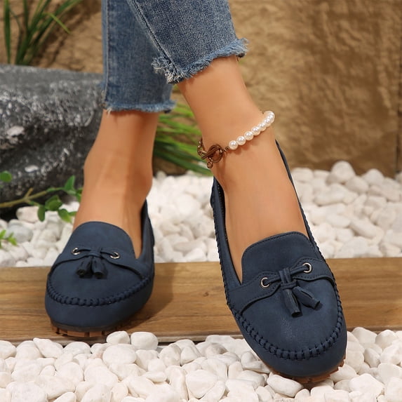Eltusu Women Loafer Flat Shoes, Breathable No Slip Round Toe Soft Bottom Dress Shoes Dark Blue Size 5.5
