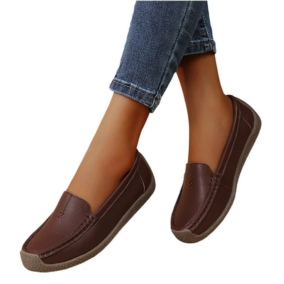 Eltusu Women Loafer Flat Shoes, Breathable No Slip Round Toe Solid Color Dress Shoes Coffee Size 9