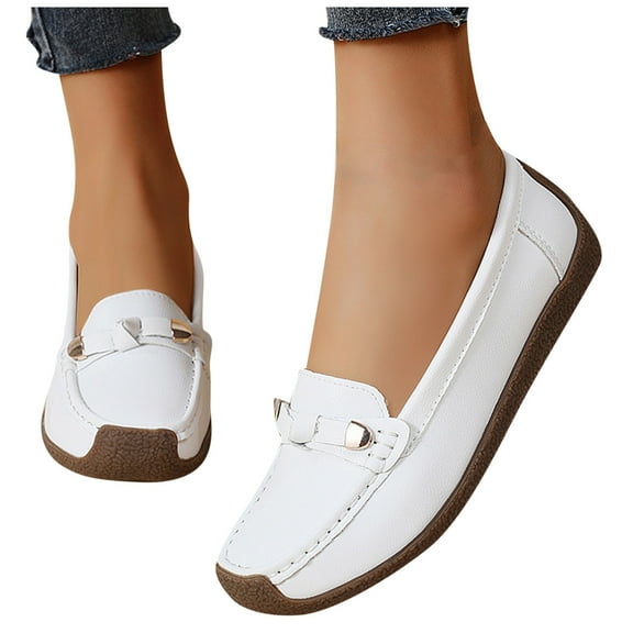Eltusu Women Loafer Flat Shoes, Breathable Round Toe No Slip Comfort Dress Shoes White Size 8.5