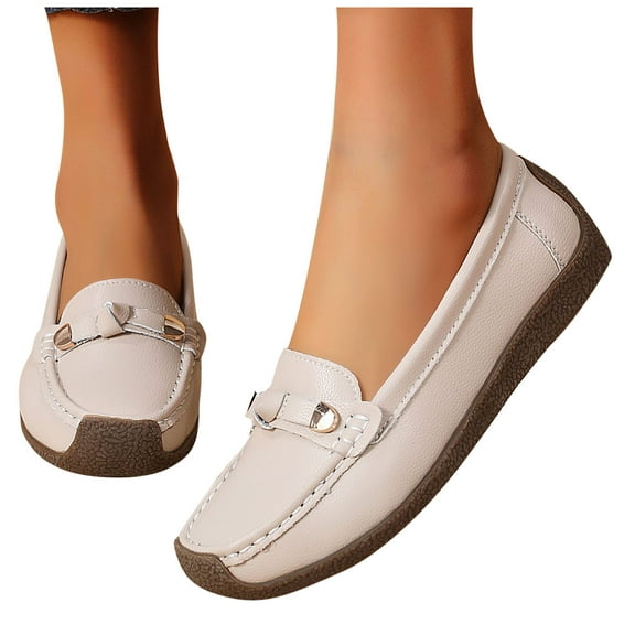 Eltusu Women Loafer Flat Shoes, Round Toe Comfort Breathable No Slip Dress Shoes Beige Size 6.5