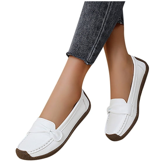 Eltusu Women Loafer Flat Shoes, Round Toe Comfy Breathable No Slip Dress Shoes White Size 7.5