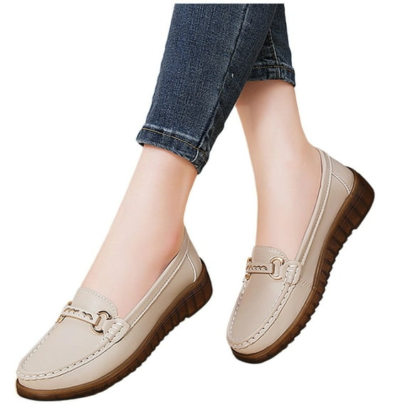 Eltusu Women Loafer Flat Shoes, Slip on Round Toe PU Breathable Comfort Shoes Beige Size 6.5