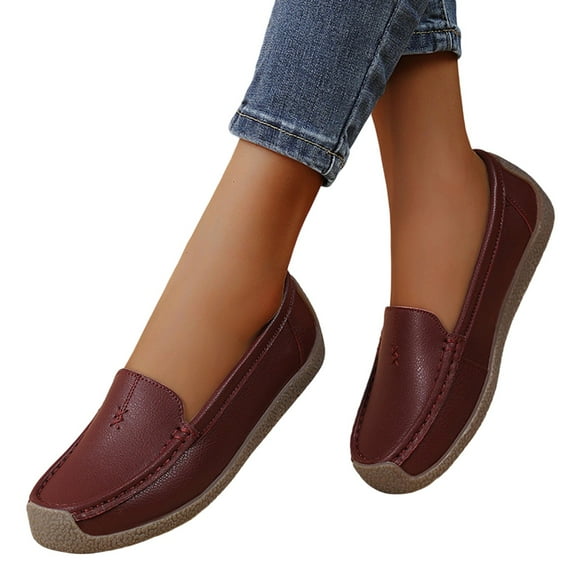 Eltusu Women Loafer Flat Shoes, Solid Color No Slip Round Toe Breathable Dress Shoes Wine Size 6.5