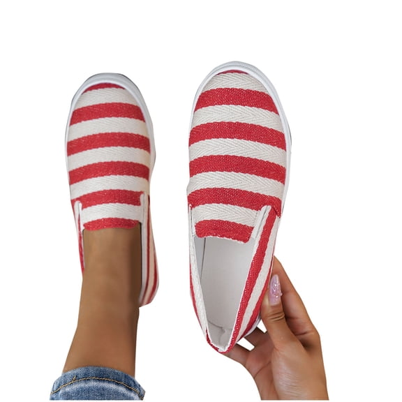 Eltusu Women Loafer Flat Shoes, Striped Round Toe Breathable Slip on Comfort Shoes Red Size 8.5