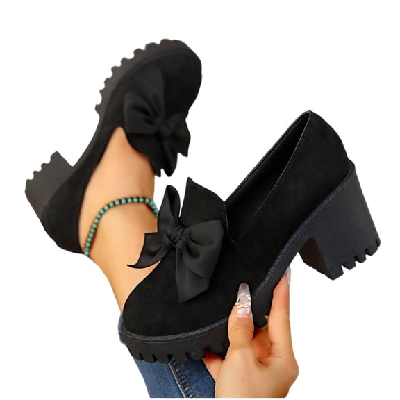 Eltusu Women Loafer Shoes, Round Toe Block Heel Mid High Heels casual Dress Shoes Black Size 9