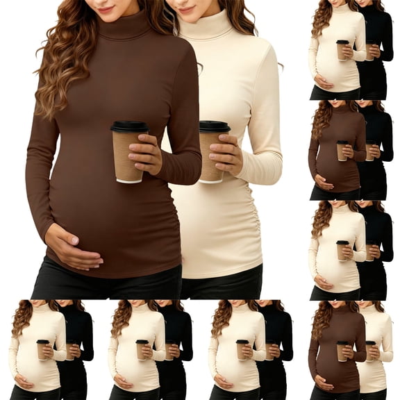 Eltusu Women Maternity Base Layer Tops, Long Sleeve Thermal Pullover Knitting Cotton Pregnancy Clothes Beige Size M-3XL