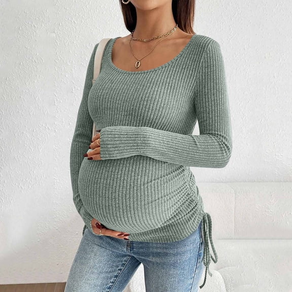 Eltusu Women Maternity Base Layer Tops, Warm Long Sleeve Crewneck Pullover Pregnancy Clothes Green Size M