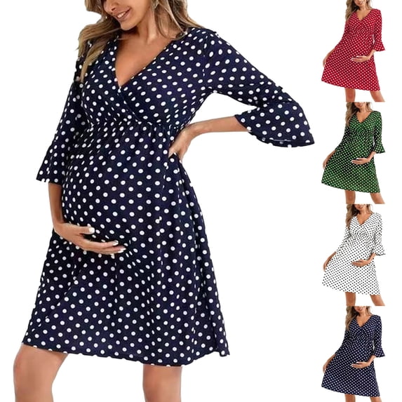 Eltusu Women Maternity Dresses, Printed 3/4 Sleeve V-Neck Fahion Pergancy Clothes Navy Size XL