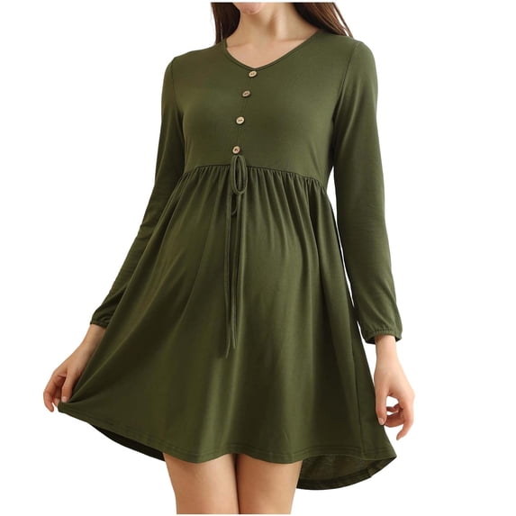 Eltusu Women Maternity Dresses, Soft Cotton V-Neck Long Sleeve Pergancy Clothes Army Green Size M
