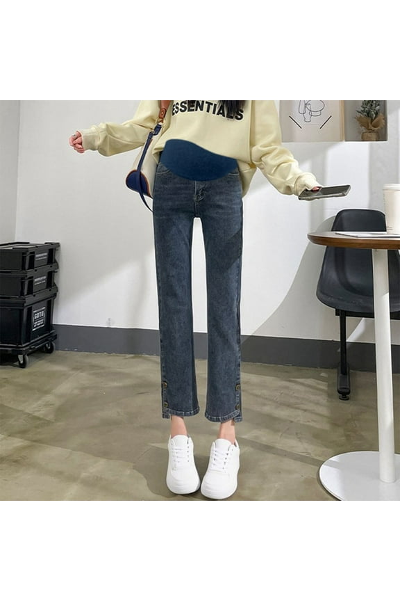 Women Maternity Jeans, Casual Stretchy Straight Leg Elastic Waist Pregnancy Denim Pants Gray Size L