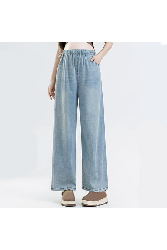 Women Maternity Jeans, Elastic Waist Stretch Straight Leg Loose Fit Pregnancy Denim Pants Light Blue Size M-2XL