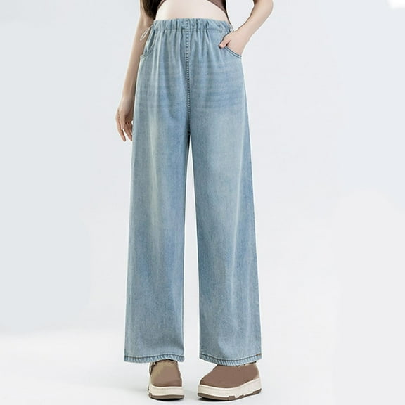 Eltusu Women Maternity Jeans, Elastic Waist Stretch Straight Leg Loose Fit Pregnancy Denim Pants Light Blue Size M-2XL