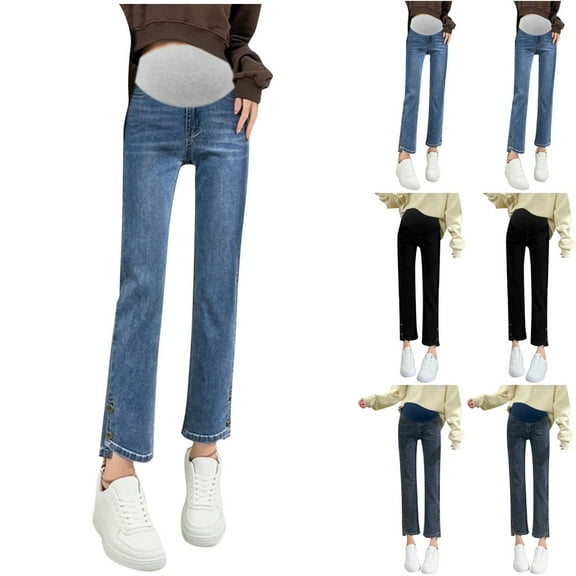 Eltusu Women Maternity Jeans, Elastic Waist Stretchy Straight Leg Casual Pregnancy Denim Pants Blue Size M-3XL