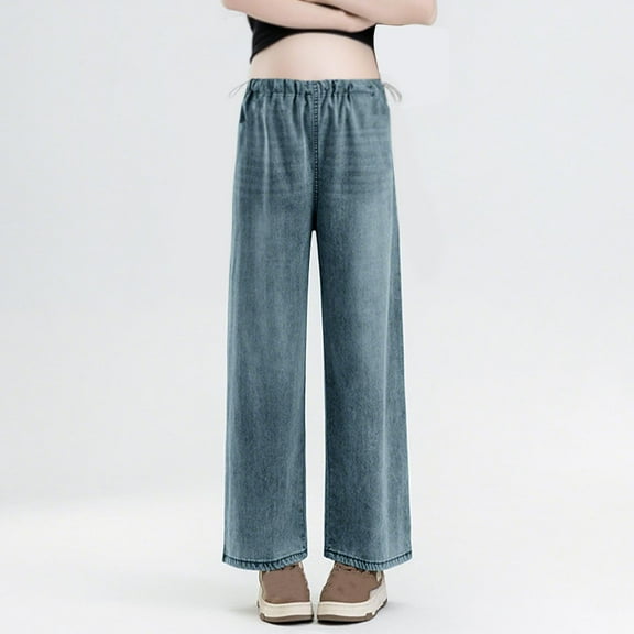 Eltusu Women Maternity Jeans, Straight Leg Loose Fit Stretch Elastic Waist Pregnancy Denim Pants Blue Size M