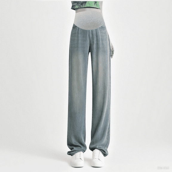 Eltusu Women Maternity Jeans, Stretch Elastic Waist Straight Leg Casual Pregnancy Denim Pants Blue Size L