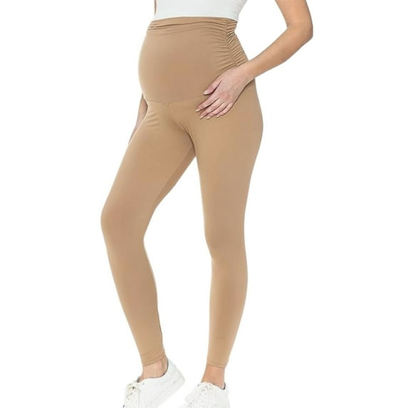 Eltusu Women Maternity Leggings, Elastic Waist Soft Comfy Stretch Leggings over the Belly Khaki Size XL