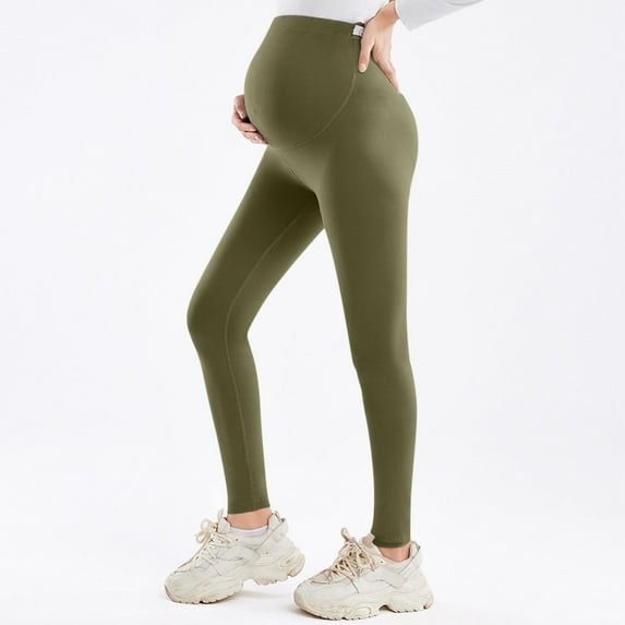 Eltusu Women Maternity Leggings, Soft Elastic Waist Solid Color Stretch Leggings over the Belly Army Green Size XL