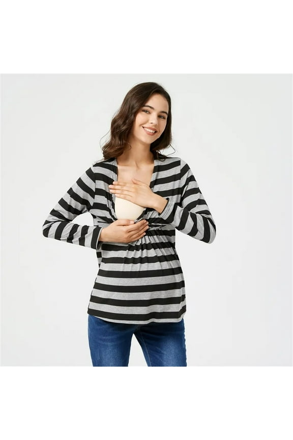 Women Maternity Long Sleeve Tops, Crew Neck Striped Pullover Comfort Breastfeeding Tee Tops Gray Size M