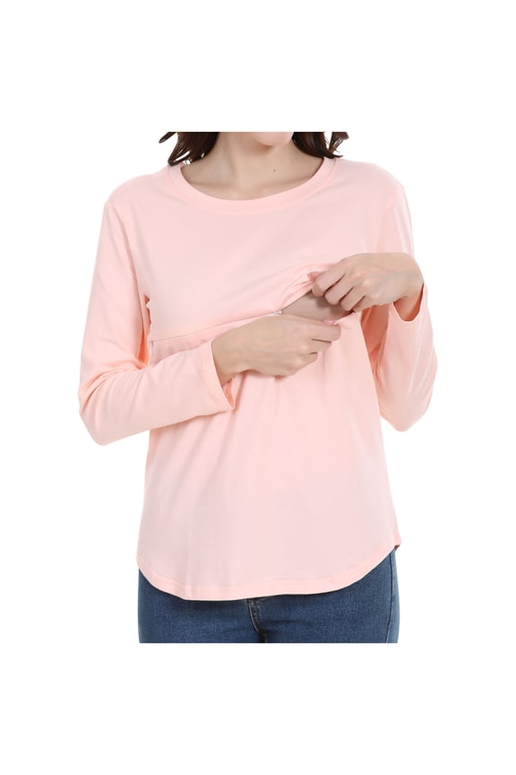 Women Maternity Long Sleeve Tops, Pullover Comfy Soft Crewneck Breastfeeding Tee Tops Pink Size M