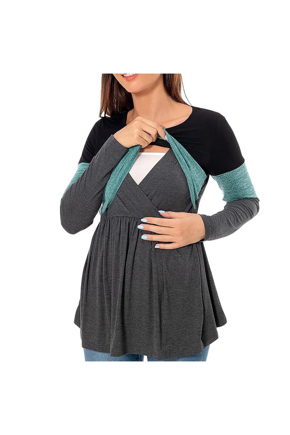 Women Maternity Long Sleeve Tops, Pullover Crewneck Casual Comfort Breastfeeding Tee Tops Green Size M