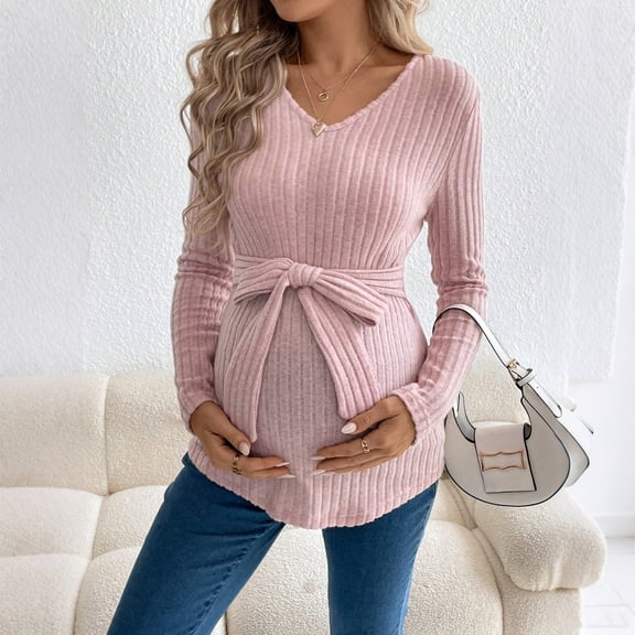 Eltusu Women Maternity Long Sleeve Tops, Pullover V-Neck Stretch Comfort Pregnancy Clothes Pink Size M
