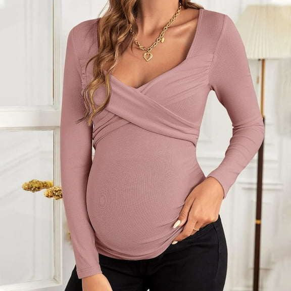 Eltusu Women Maternity Long Sleeve Tops, V-Neck Comfort Knitting Cotton Pullover Pregnancy Clothes Pink Size S