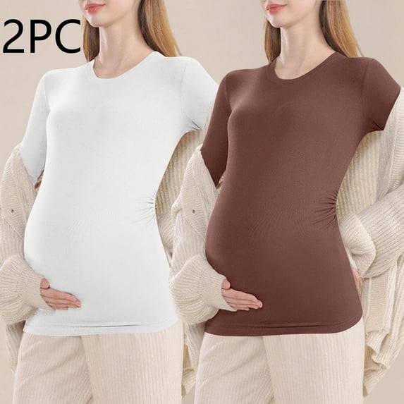 Eltusu Women Maternity Shirts, Crew Neck Short Sleeve Pullover 2 Pieces Pregnancy Tops Brown Size XL
